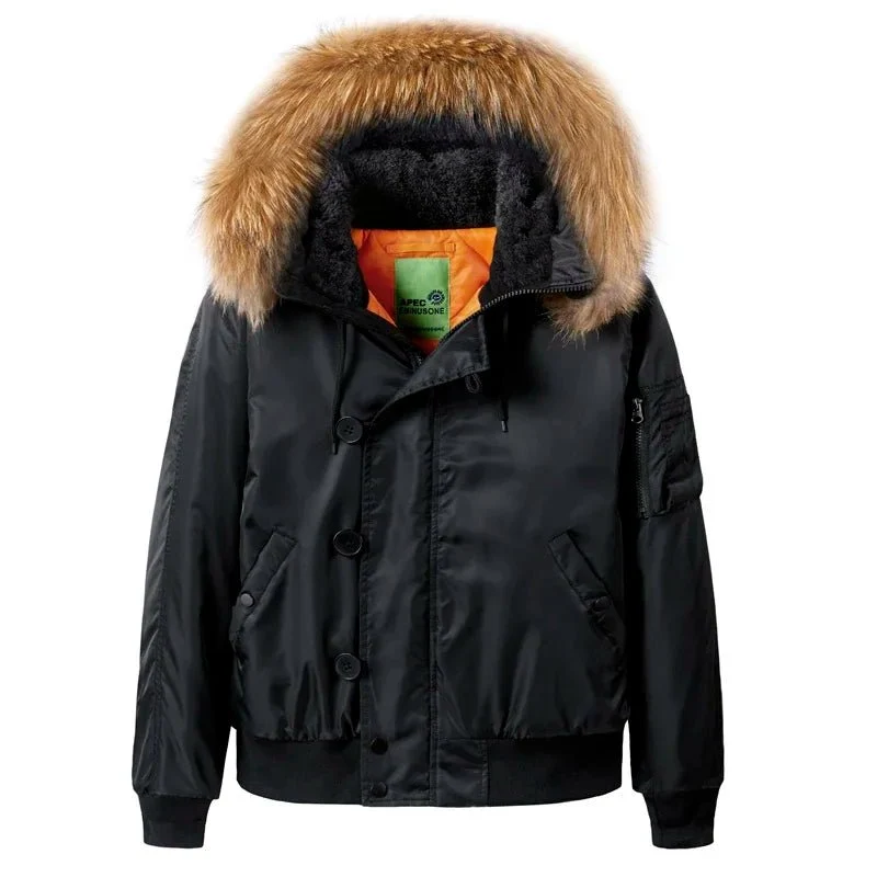 Winter-Militärjacke für Herren mit Pelzkragen und Kapuze