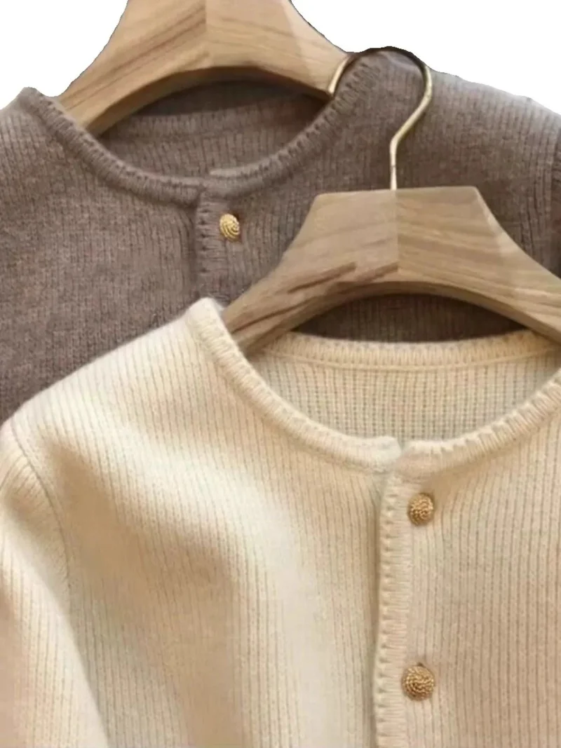 Cardigan aus reinem Kaschmir für Damen – locker gestrickter Rundhalspullover für Frühling/Herbst