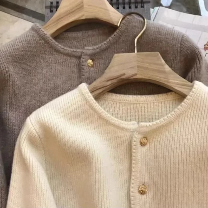 Cardigan aus reinem Kaschmir für Damen – locker gestrickter Rundhalspullover für Frühling/Herbst