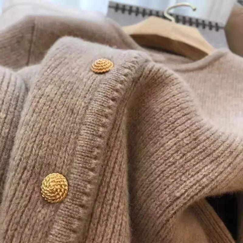 Cardigan aus reinem Kaschmir für Damen – locker gestrickter Rundhalspullover für Frühling/Herbst