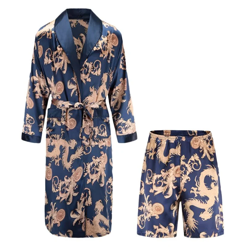 Herren-Pyjama-Set aus Satin: Langarmhemd und Hose aus Eisseide, Bademantel mit Tasche