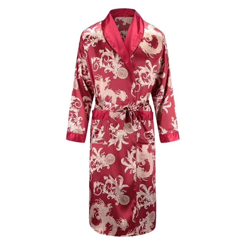 Herren-Pyjama-Set aus Satin: Langarmhemd und Hose aus Eisseide, Bademantel mit Tasche