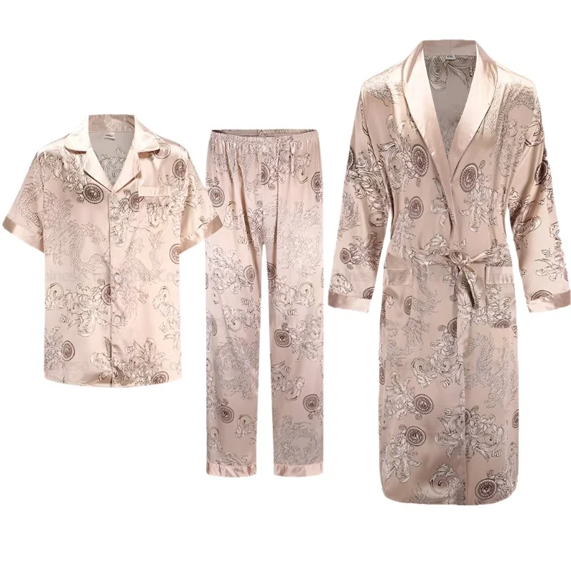 Herren-Pyjama-Set aus Satin: Langarmhemd und Hose aus Eisseide, Bademantel mit Tasche