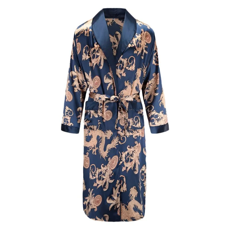 Herren-Pyjama-Set aus Satin: Langarmhemd und Hose aus Eisseide, Bademantel mit Tasche