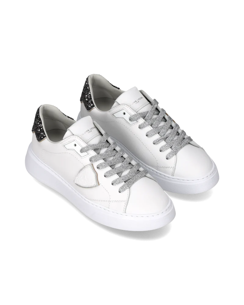 Sneakers Temple Women with glitter heel tab, White Black