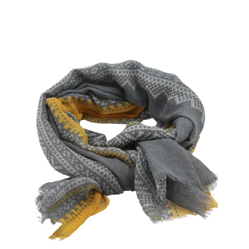 Damenschal mit norwegischem Marius-Muster - Grau / Weiß / Ocker - 180 x 70 cm