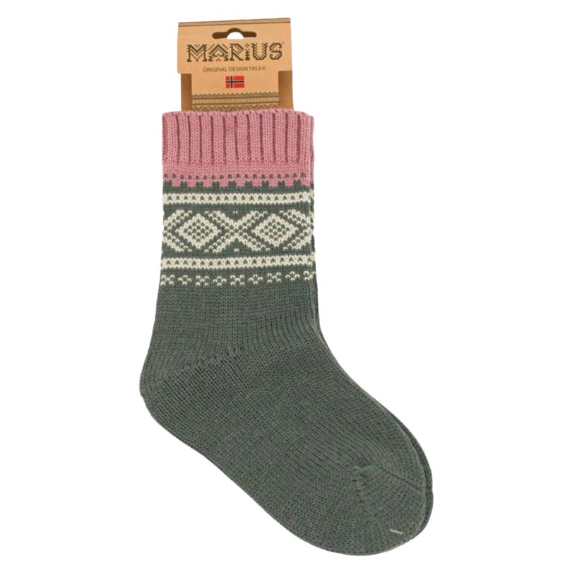 Wollsocken mit norwegischem Marius-Muster - Pink / Weiß / Grau