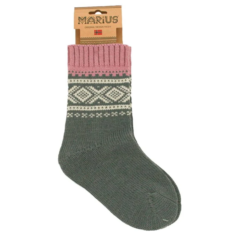 Wollsocken mit norwegischem Marius-Muster - Pink / Weiß / Grau