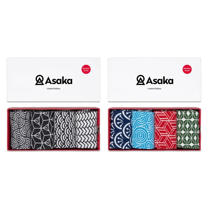 Asaka 2 x 4er-Box Bambussocken Herren japanische Muster Kenji
