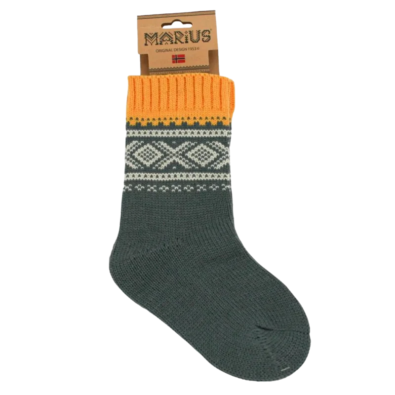 Wollsocken mit norwegischem Marius-Muster - Gelb / Weiß / Grau