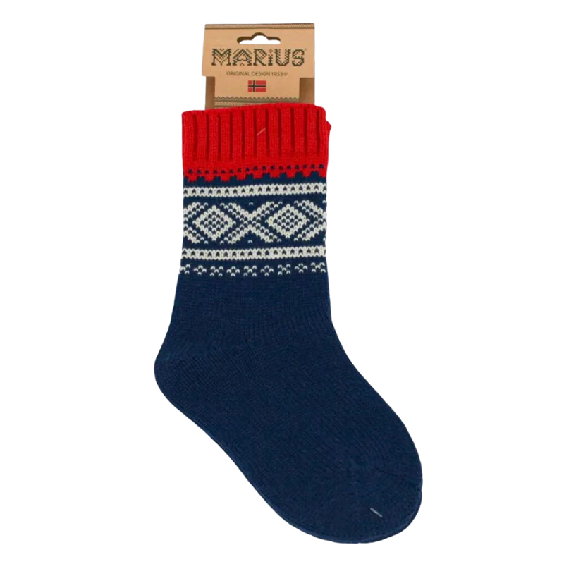 Wollsocken mit norwegischem Marius-Muster - Blau / Weiß / Rot