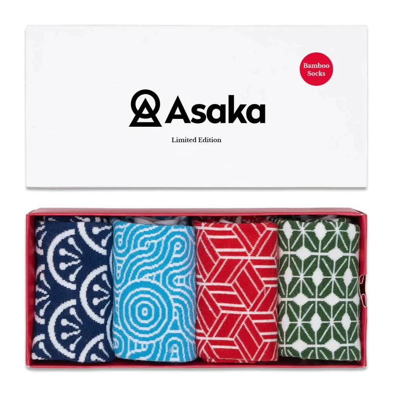 Asaka 4er-Box Bambussocken Herren japanische Muster Minato