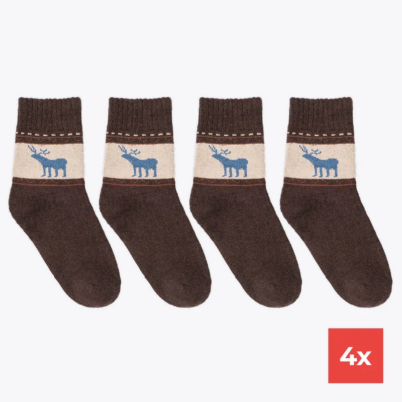 4er Set Winter Damensocke Wolle braun Rentier Motiv