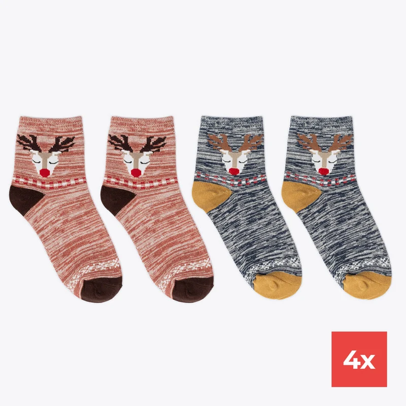 4er Set Damensocken Rentier Design rosa & grau meliert