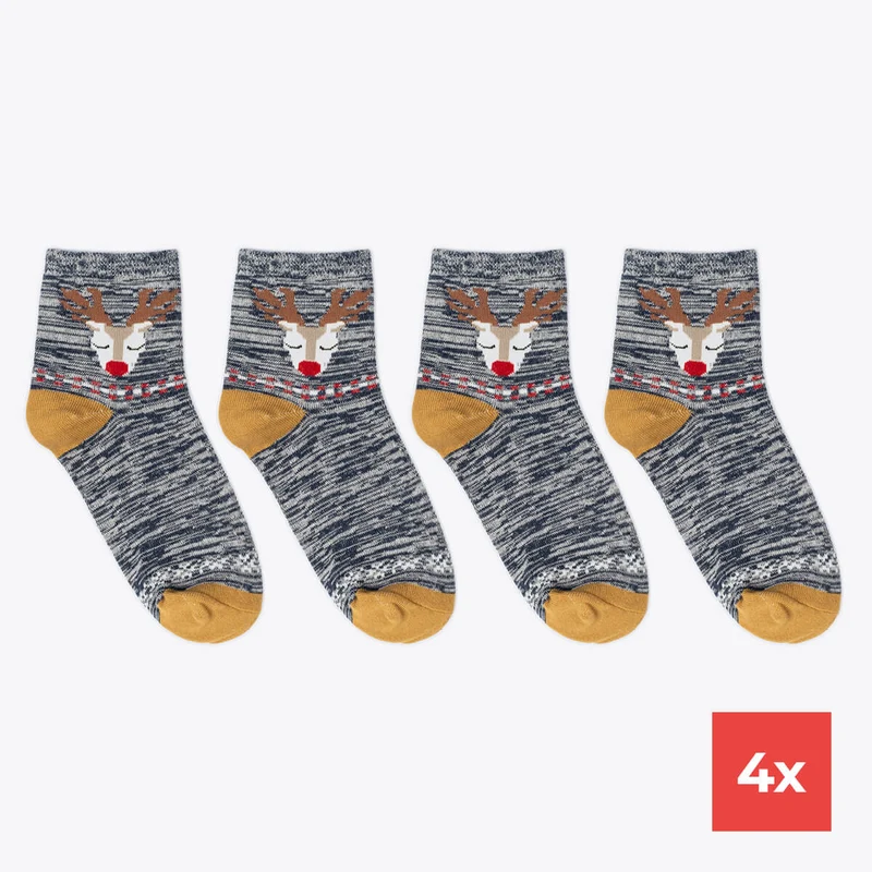 4er Set Damensocken Rentier Design grau meliert