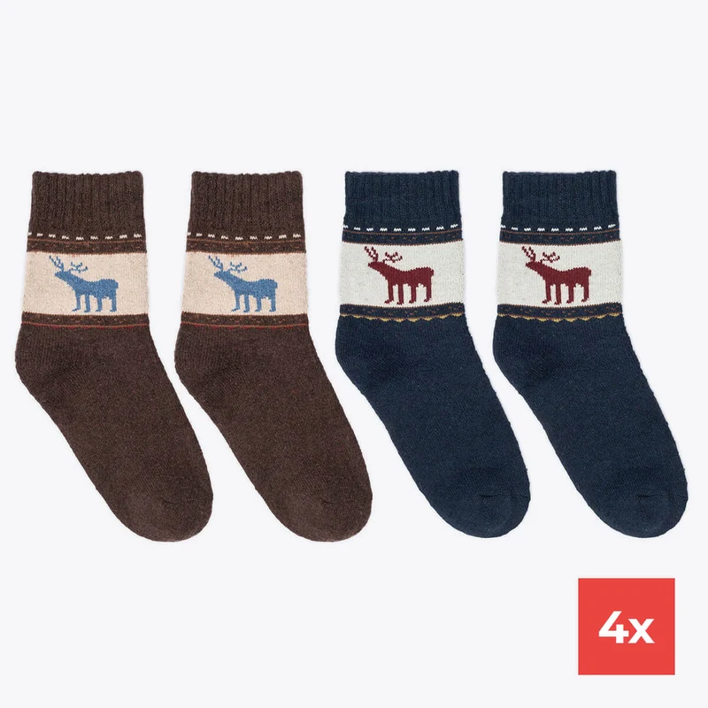 4er Pack Wollsocken Damen Hirsch Design blau & braun