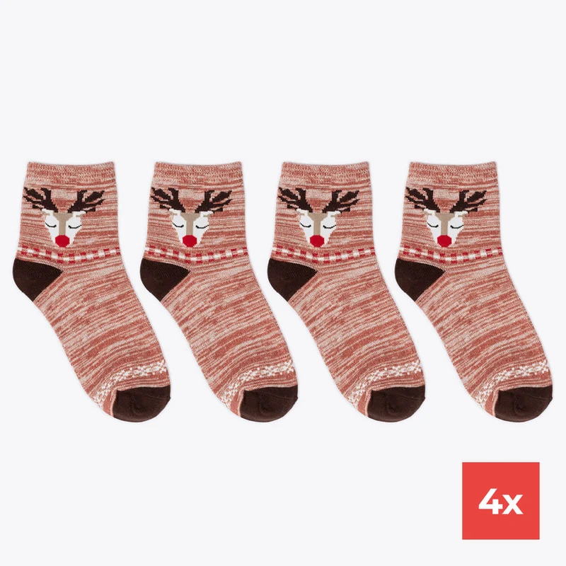 4er Pack Damensocken Rentier Motiv rosa meliert